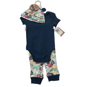 Chick Pea Baby 3 Piece Set Navy Ribbed Bodysuit Camo Pants and Hat 3-6 Months